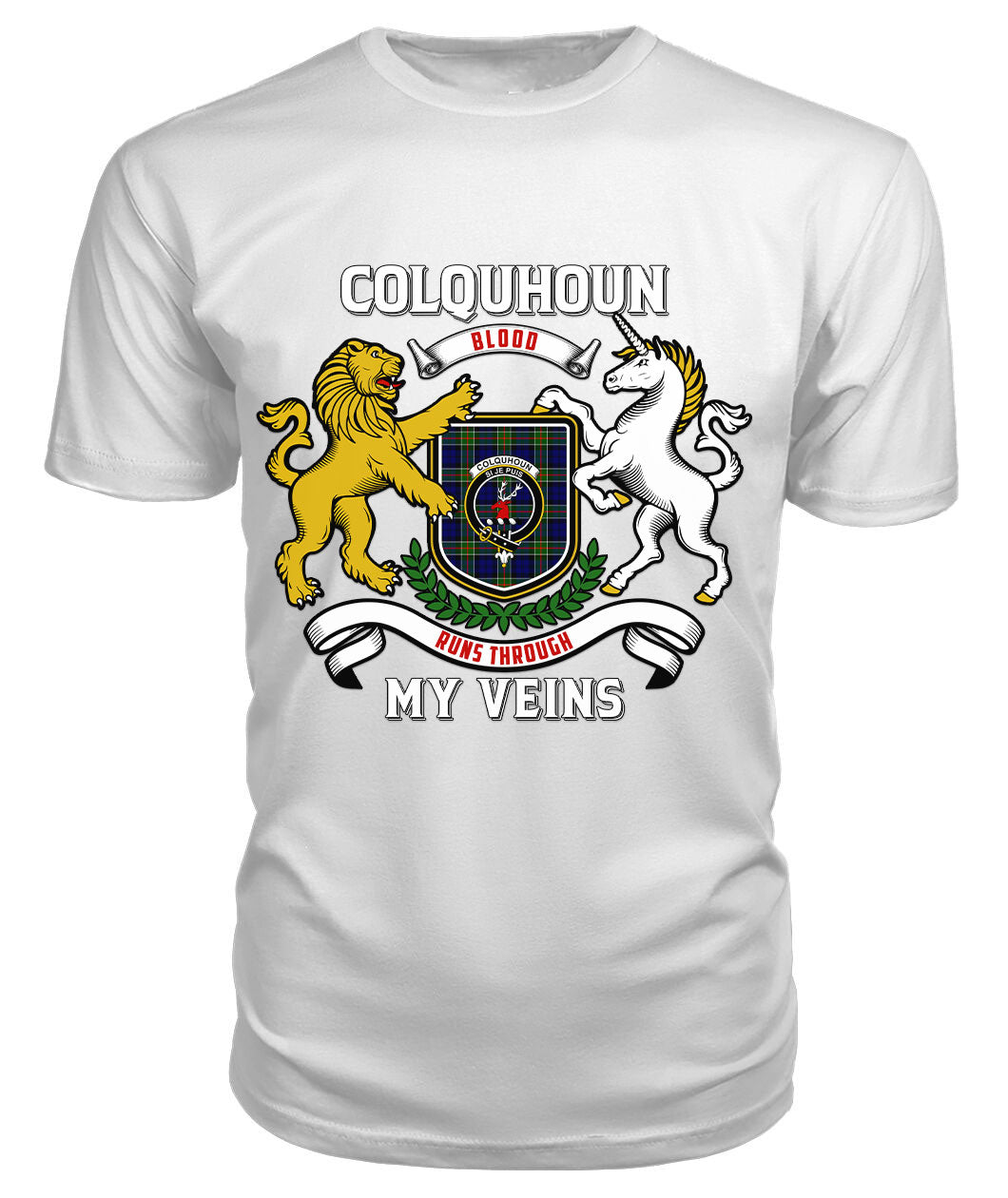 Colquhoun Modern Tartan Crest 2D T-shirt - Blood Runs Through My Veins Style