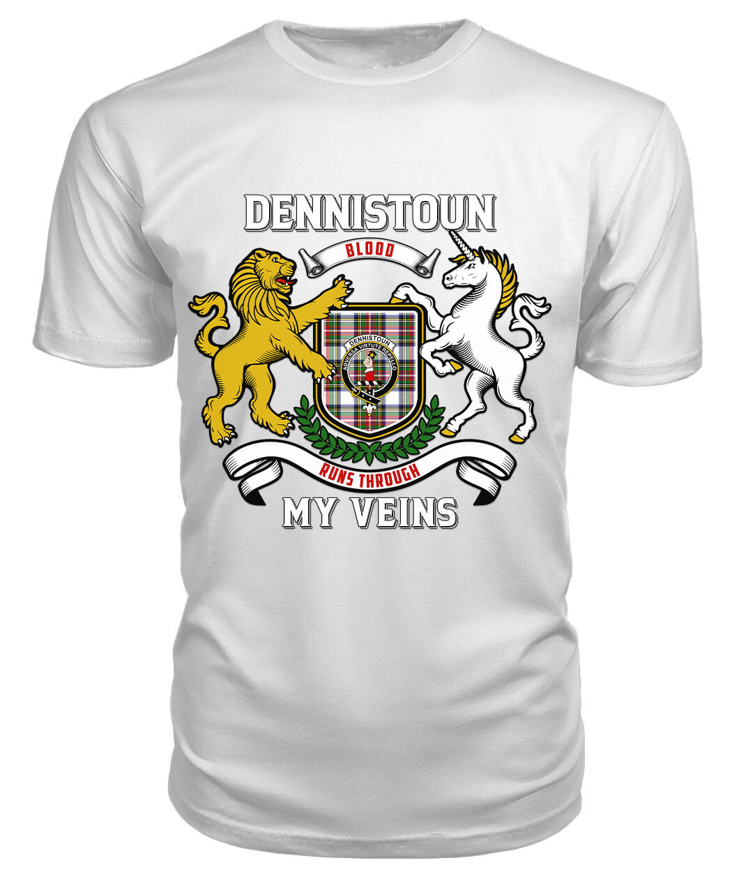 Dennistoun Tartan Crest 2D T-shirt - Blood Runs Through My Veins Style