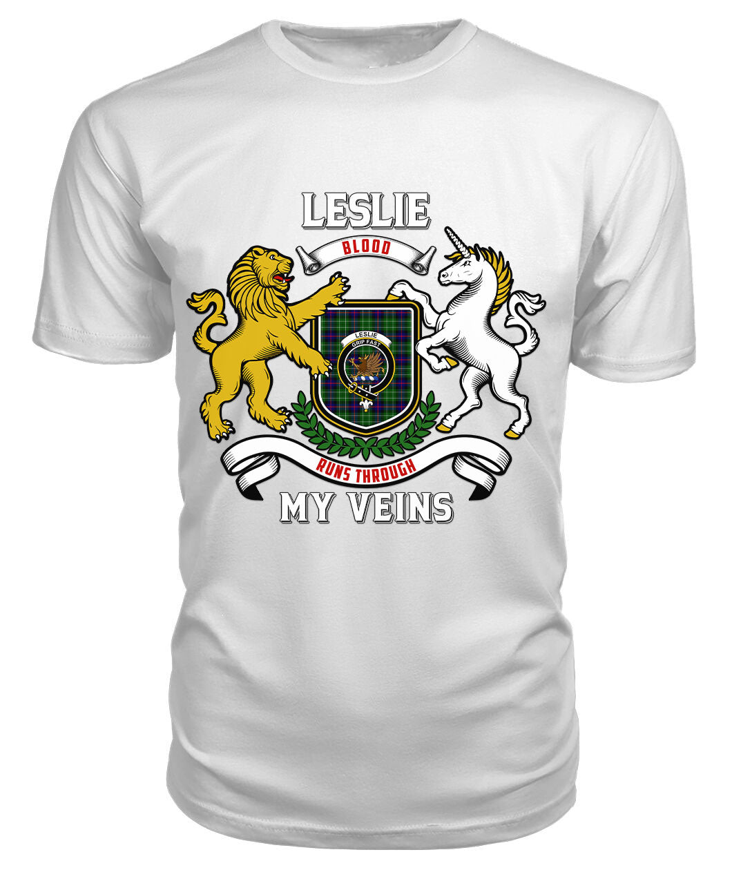 Leslie Hunting Tartan Crest 2D T-shirt - Blood Runs Through My Veins Style