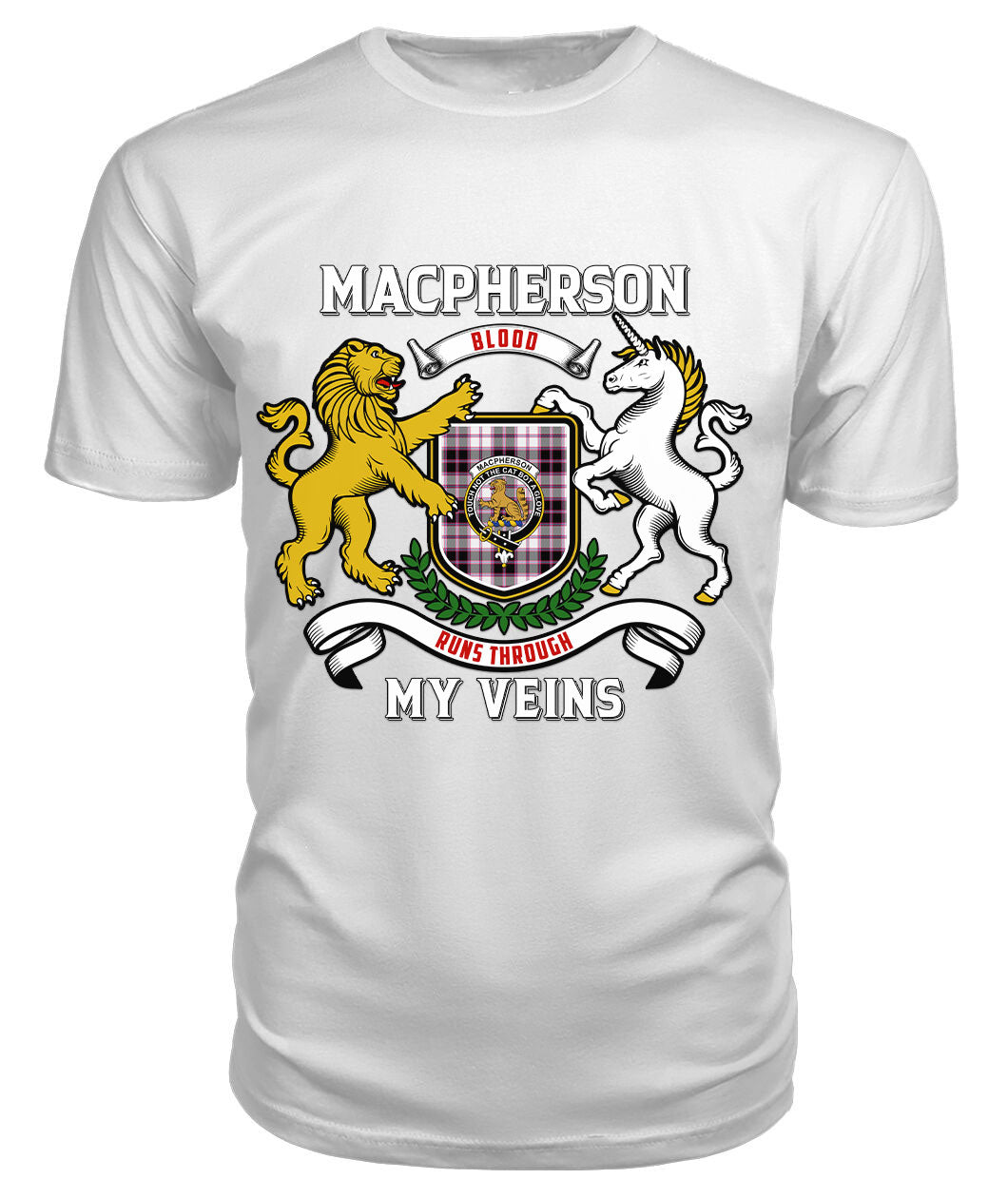 MacPherson Hunting Modern Tartan Crest 2D T-shirt - Blood Runs Through My Veins Style