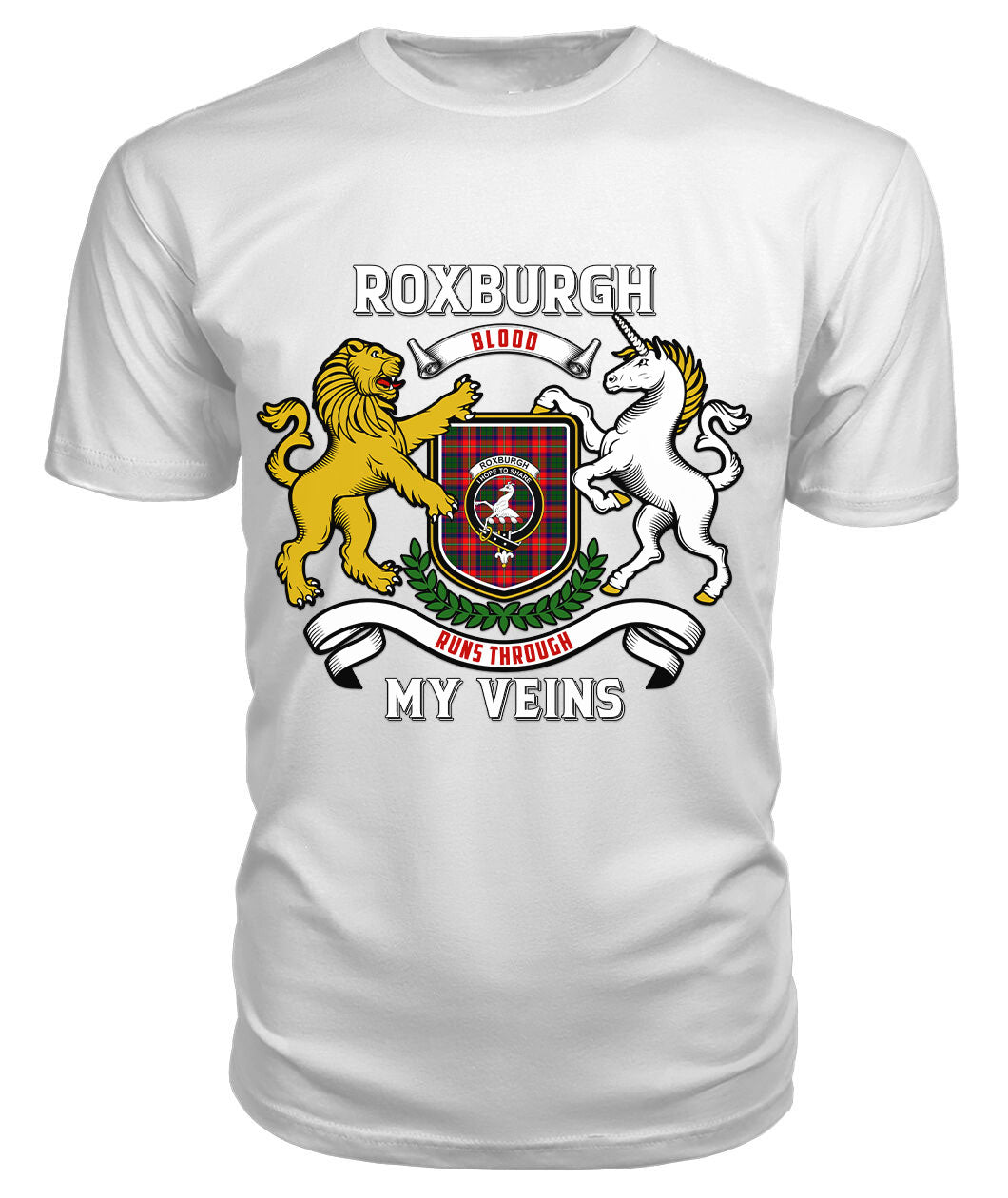 Roxburgh District Tartan Crest 2D T-shirt - Blood Runs Through My Veins Style