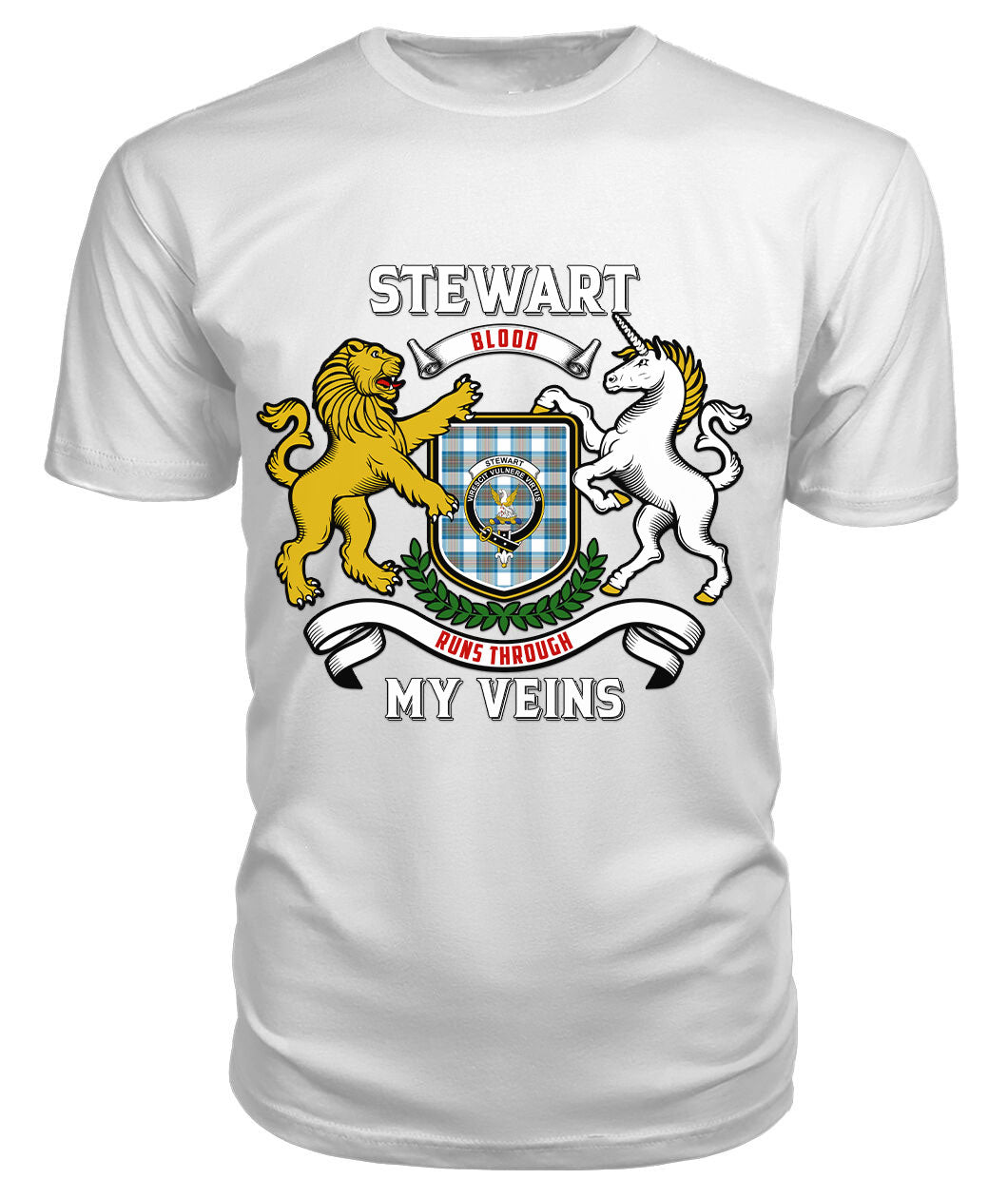 Stewart Muted Blue Tartan Crest 2D T-shirt - Blood Runs Through My Veins Style