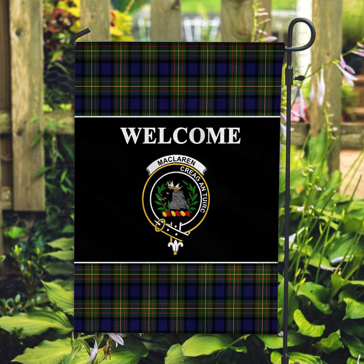 MacLaren Tartan Crest Black Garden Flag