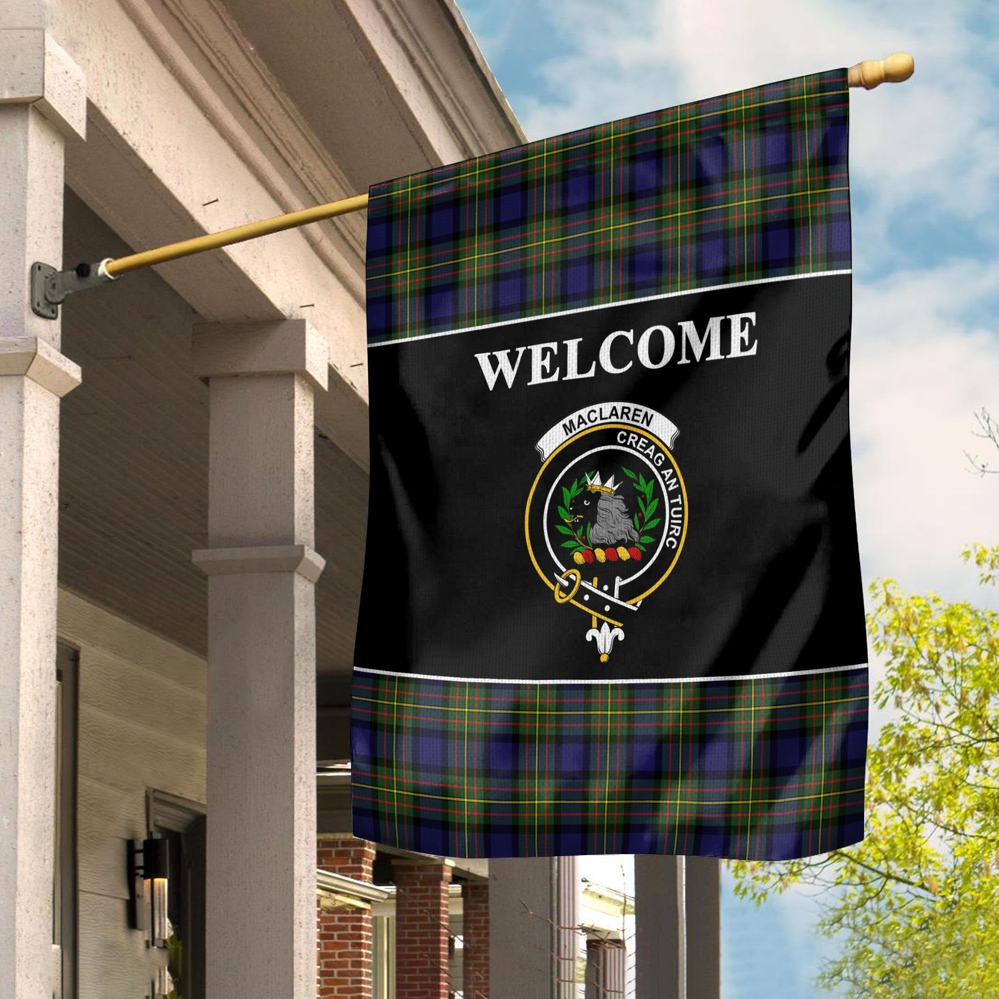 MacLaren Tartan Crest Black Garden Flag