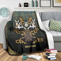 Balfour Blue Tartan Crest Premium Blanket - Celtic Stag style