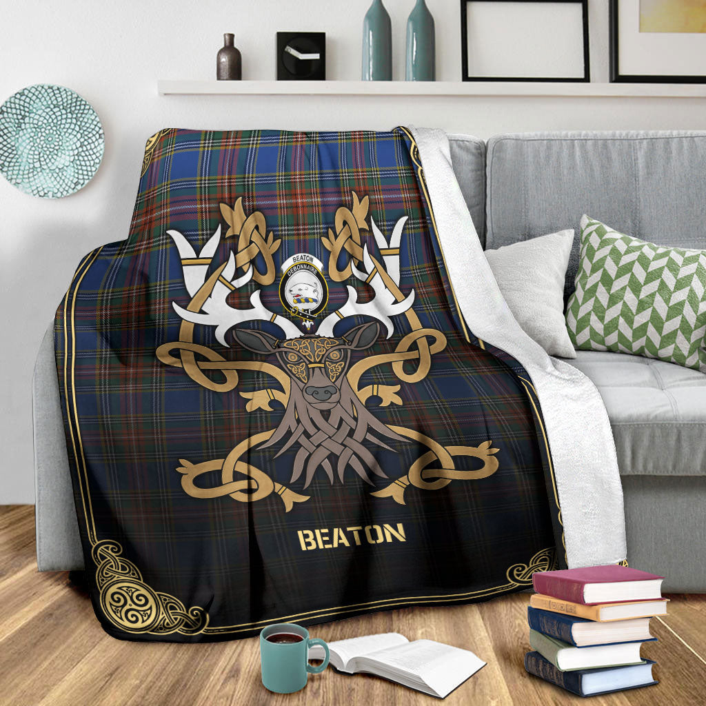 Beaton Ancient Tartan Crest Premium Blanket - Celtic Stag style