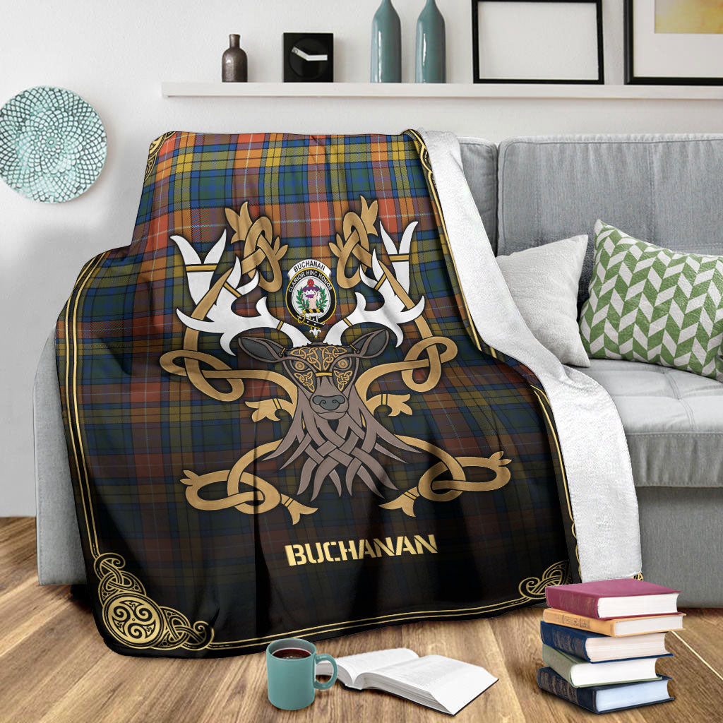 Buchanan Ancient Tartan Crest Premium Blanket - Celtic Stag style