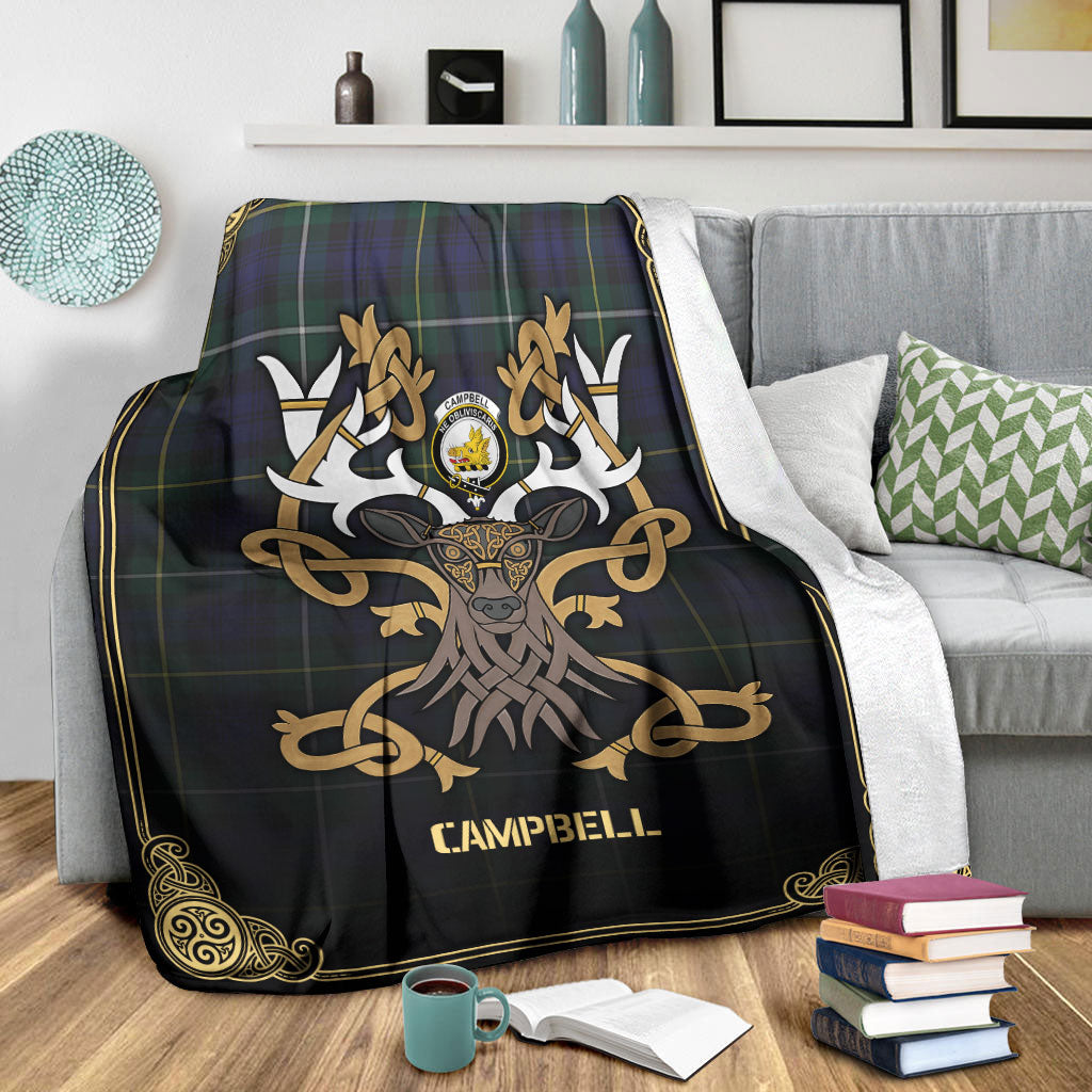 Campbell Argyll Modern Tartan Crest Premium Blanket - Celtic Stag style