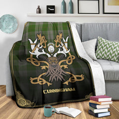 Cunningham Dress Green Dancers Tartan Crest Premium Blanket - Celtic Stag style