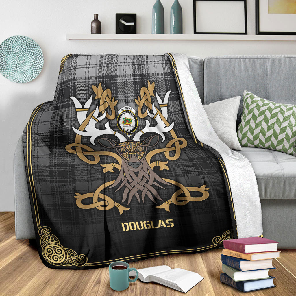 Douglas Grey Modern Tartan Crest Premium Blanket - Celtic Stag style