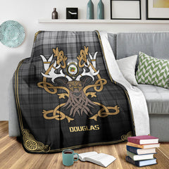 Douglas Grey Modern Tartan Crest Premium Blanket - Celtic Stag style