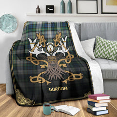 Gordon Dress Ancient Tartan Crest Premium Blanket - Celtic Stag style