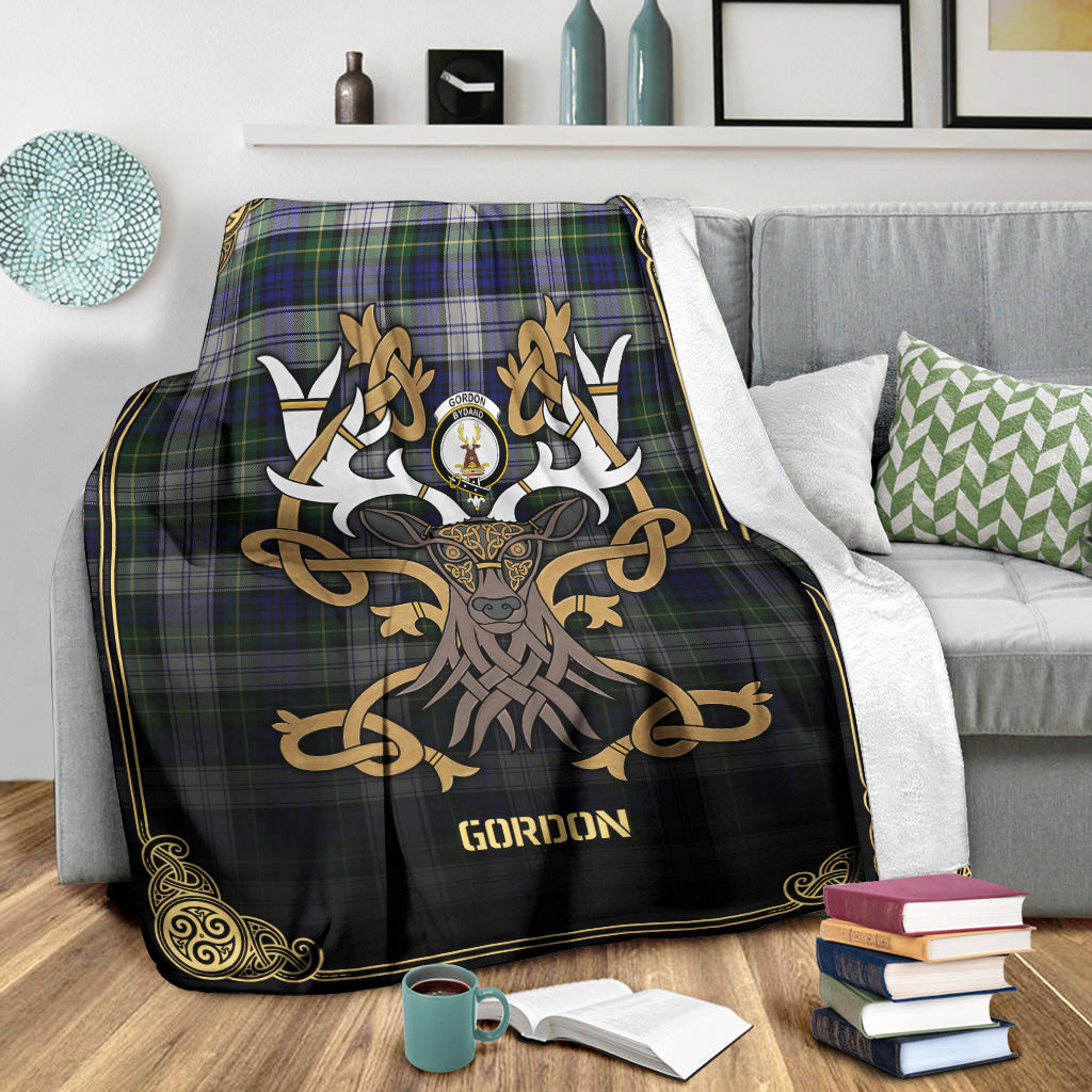 Gordon Dress Modern Tartan Crest Premium Blanket - Celtic Stag style