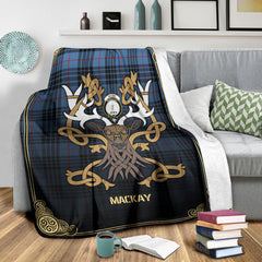 MacKay Blue Tartan Crest Premium Blanket - Celtic Stag style