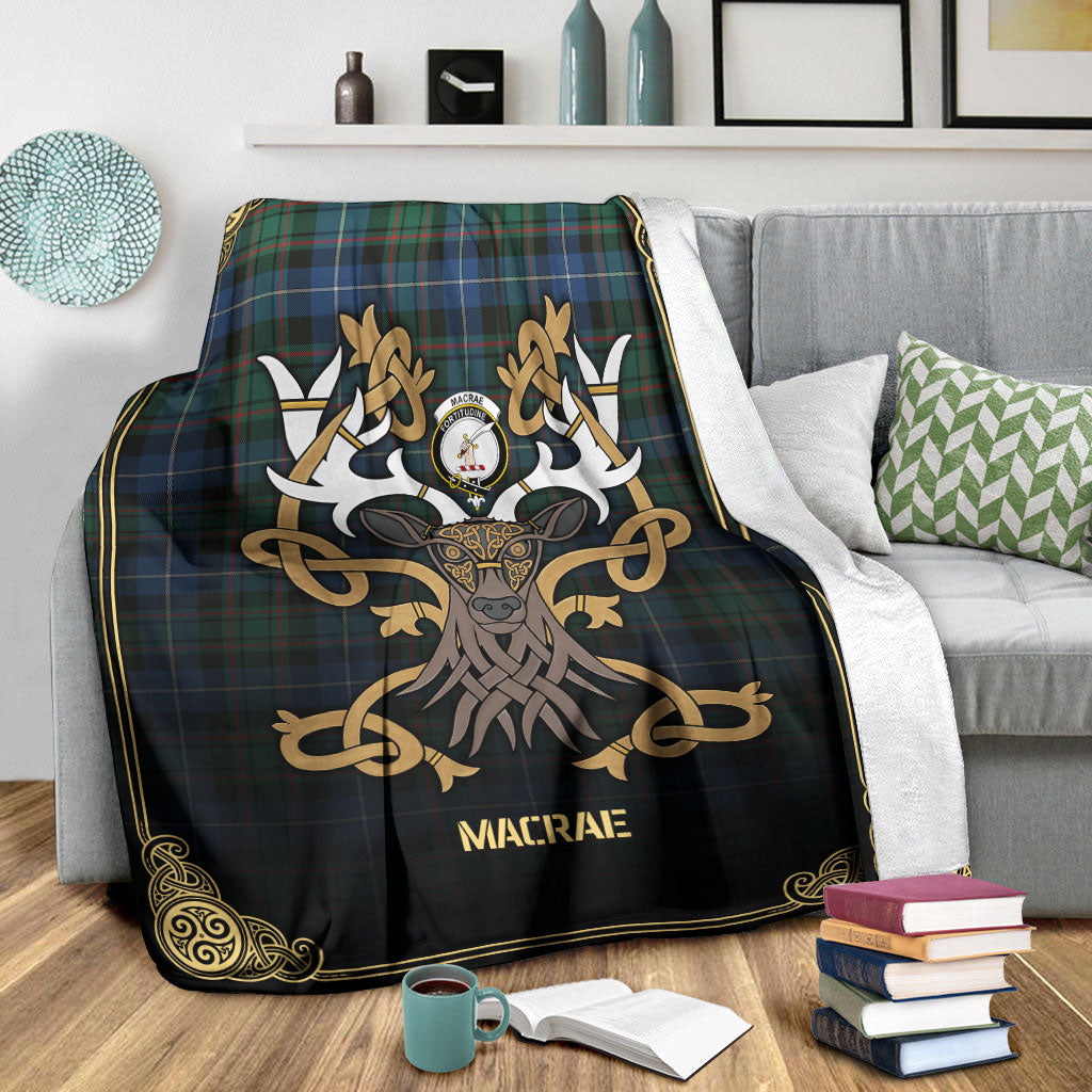 MacRae Hunting Ancient Tartan Crest Premium Blanket - Celtic Stag style