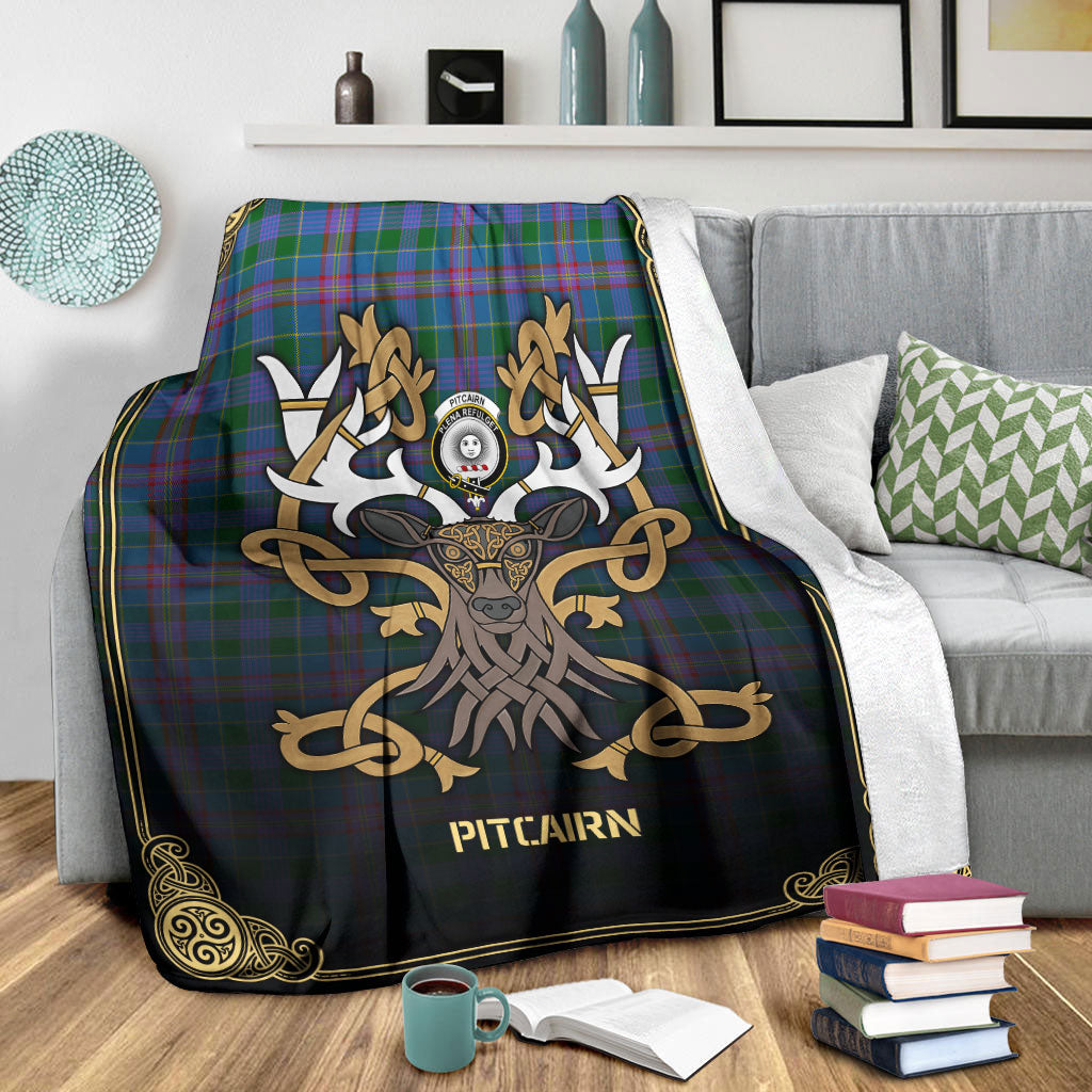 Pitcairn Hunting Tartan Crest Premium Blanket - Celtic Stag style