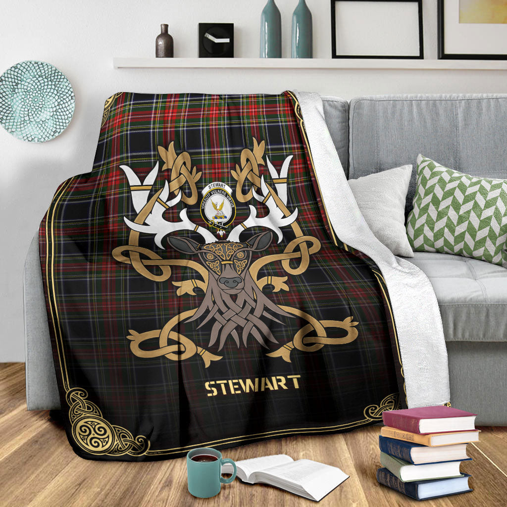 Stewart Black Tartan Crest Premium Blanket - Celtic Stag style