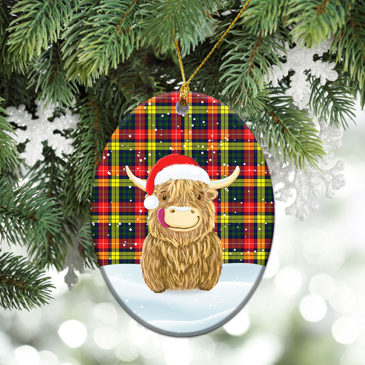 Buchanan Modern Tartan Christmas Ceramic Ornament - Highland Cows Style