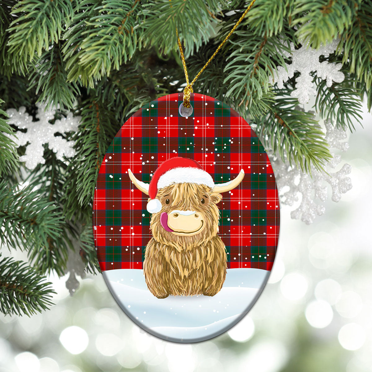 Chisholm Modern Tartan Christmas Ceramic Ornament - Highland Cows Style