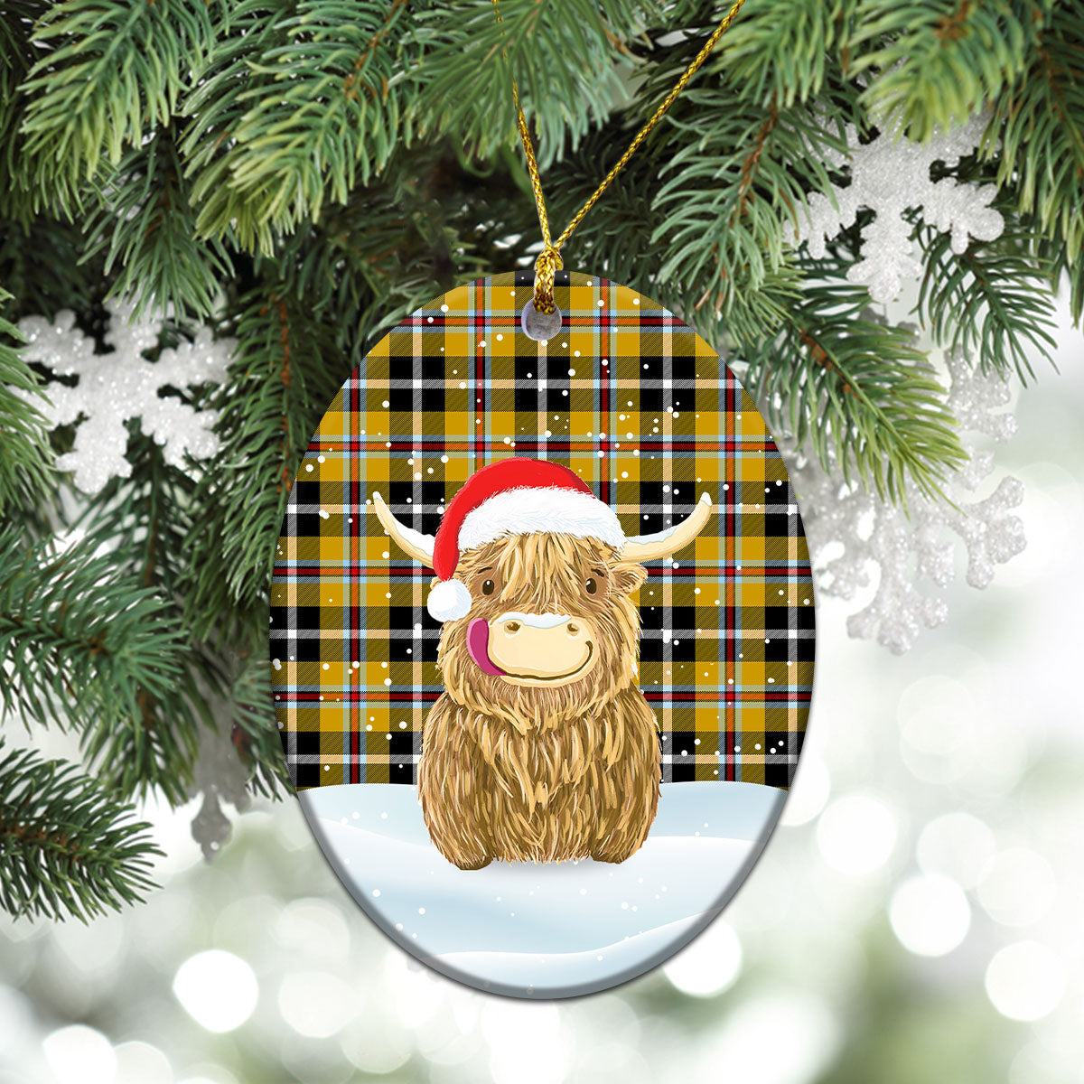 Cornish Tartan Christmas Ceramic Ornament - Highland Cows Style