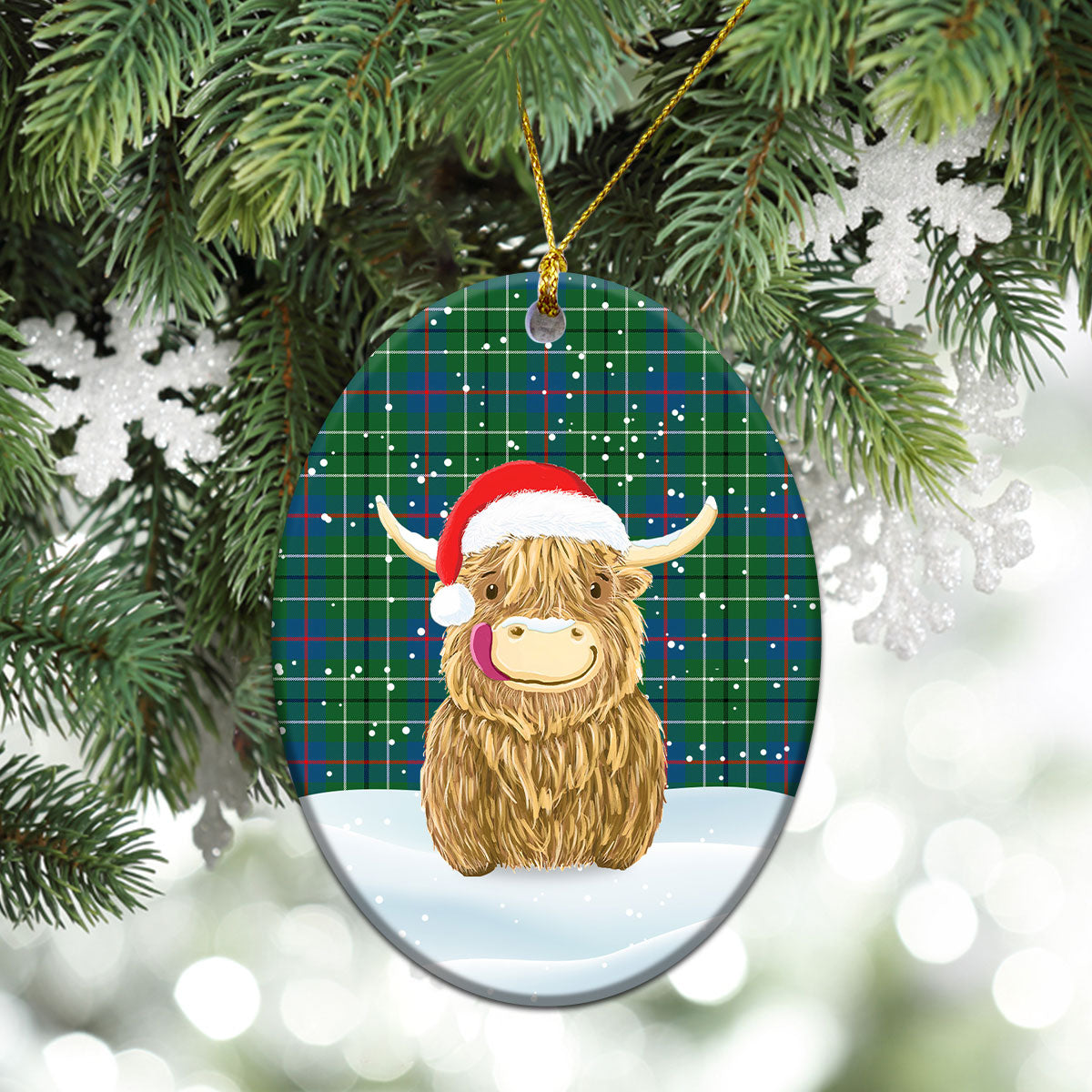 Duncanson Tartan Christmas Ceramic Ornament - Highland Cows Style