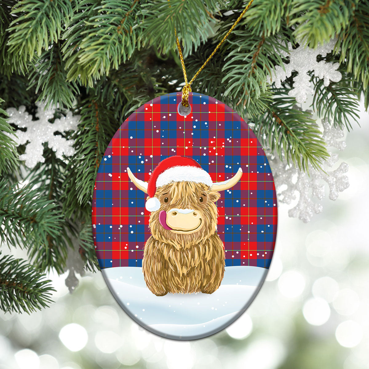 Galloway Red Tartan Christmas Ceramic Ornament - Highland Cows Style