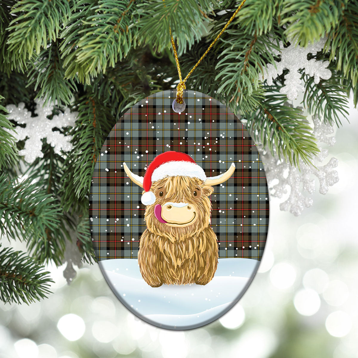 MacLeod of Harris Weathered Tartan Christmas Ceramic Ornament - Highland Cows Style