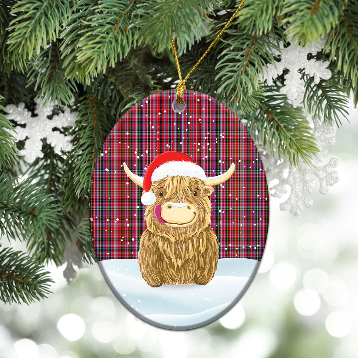 Udny Tartan Christmas Ceramic Ornament - Highland Cows Style