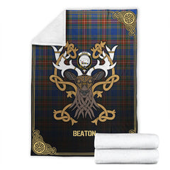 Beaton Ancient Tartan Crest Premium Blanket - Celtic Stag style