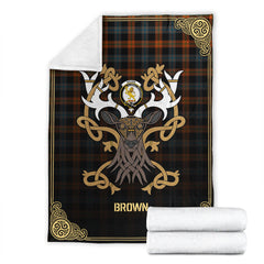 Brown Ancient Tartan Crest Premium Blanket - Celtic Stag style