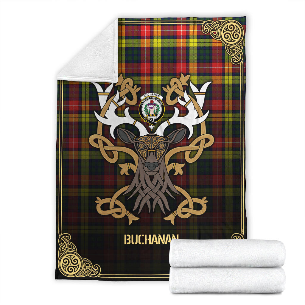 Buchanan Modern Tartan Crest Premium Blanket - Celtic Stag style