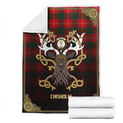 Chisholm Modern Tartan Crest Premium Blanket - Celtic Stag style