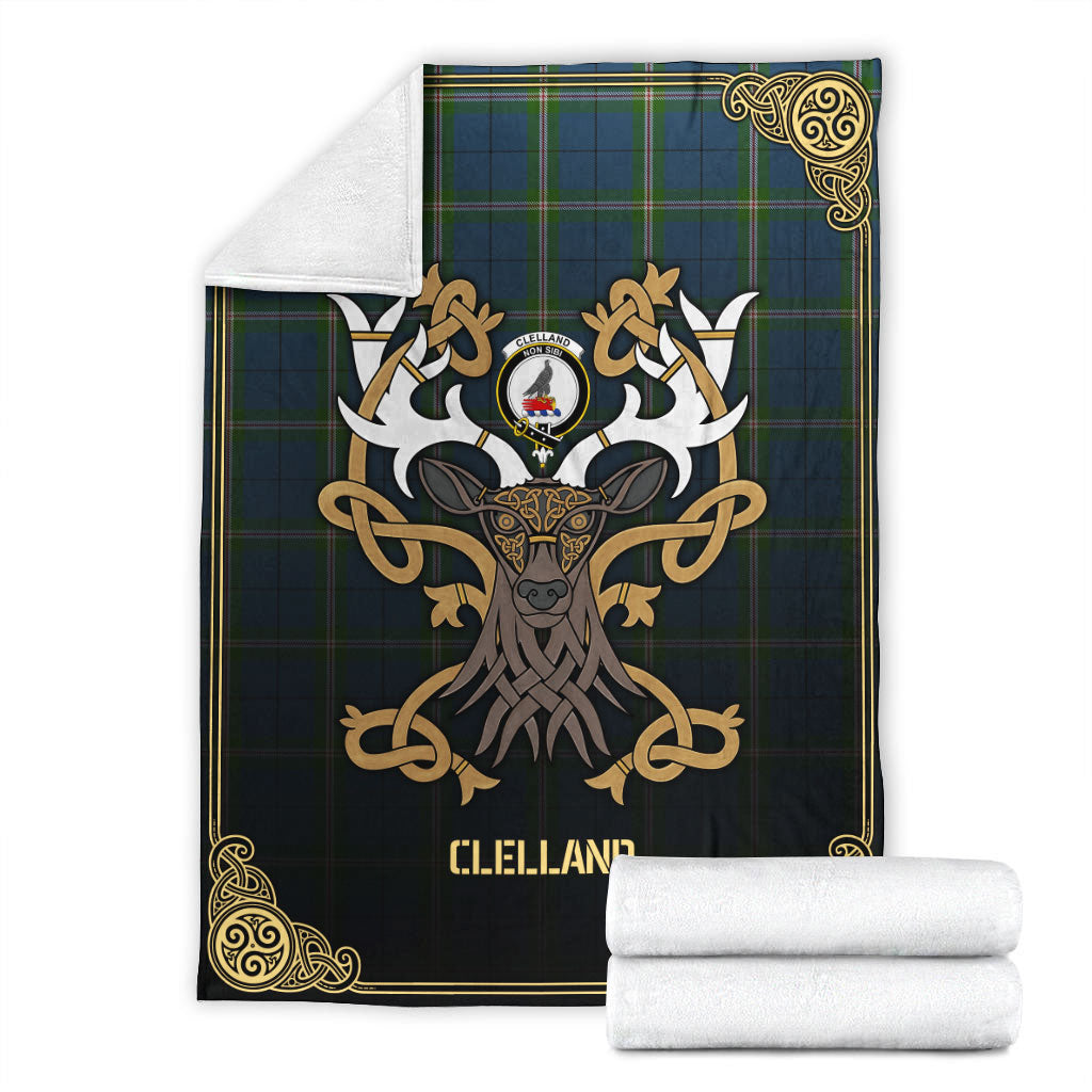 Clelland Tartan Crest Premium Blanket - Celtic Stag style