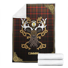 Cumming Hunting Weathered Tartan Crest Premium Blanket - Celtic Stag style