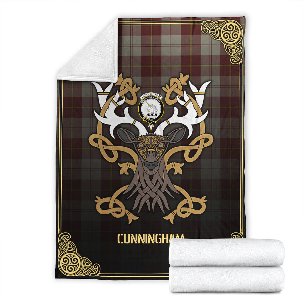 Cunningham Burgundy Dancers Tartan Crest Premium Blanket - Celtic Stag style