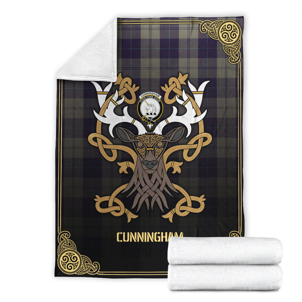 Cunningham Dress Blue Dancers Tartan Crest Premium Blanket - Celtic Stag style