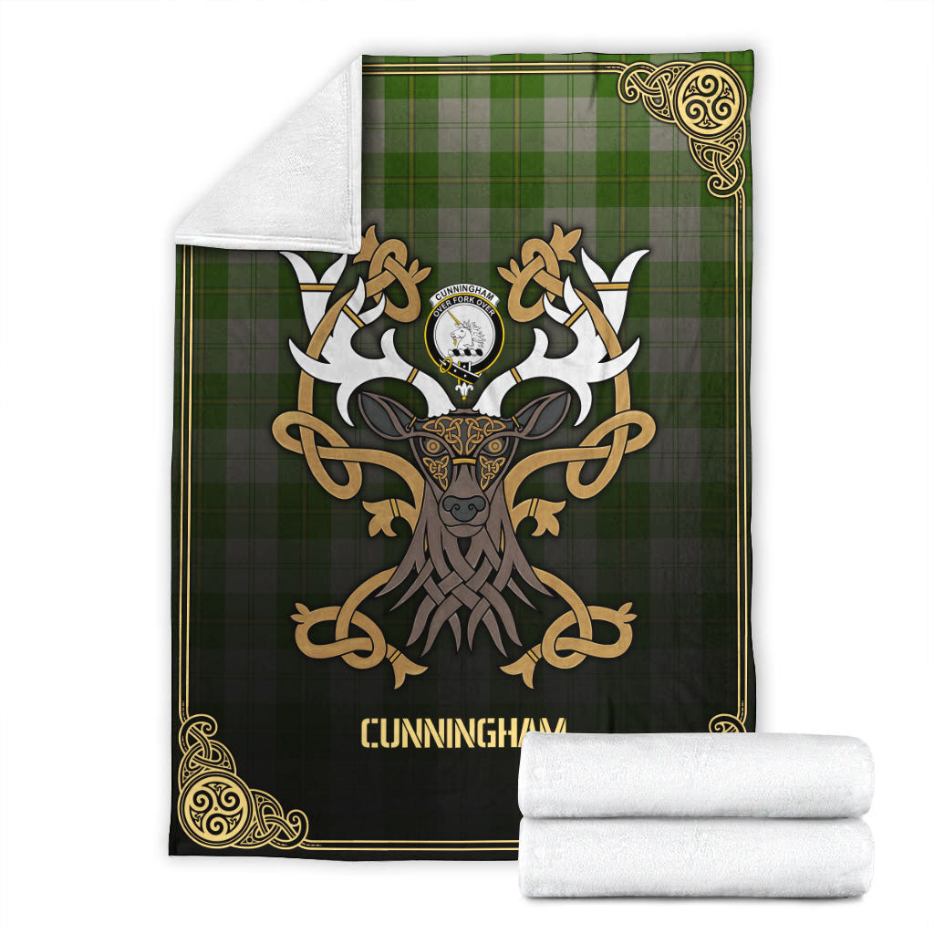 Cunningham Dress Green Dancers Tartan Crest Premium Blanket - Celtic Stag style