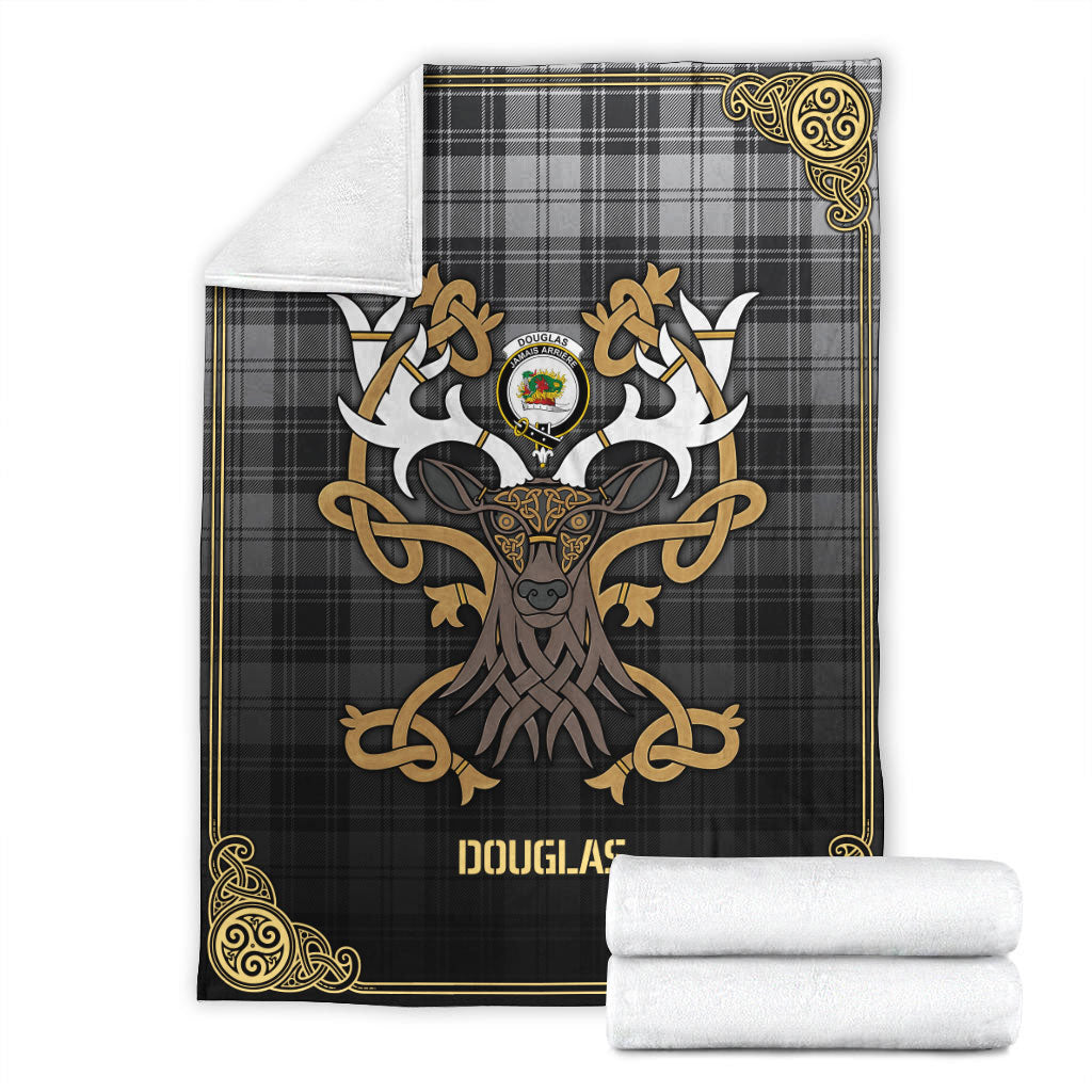 Douglas Grey Modern Tartan Crest Premium Blanket - Celtic Stag style