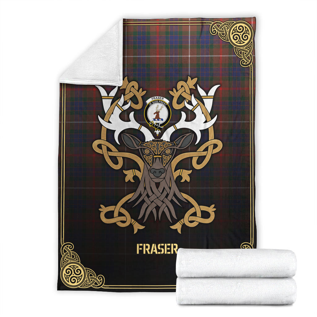 Fraser (of Lovat) Hunting Modern Tartan Crest Premium Blanket - Celtic Stag style