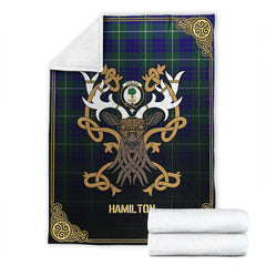 Hamilton Hunting Modern Tartan Crest Premium Blanket - Celtic Stag style