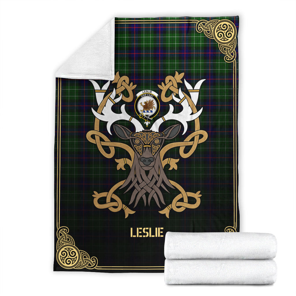 Leslie Hunting Tartan Crest Premium Blanket - Celtic Stag style