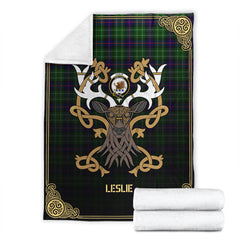 Leslie Hunting Tartan Crest Premium Blanket - Celtic Stag style