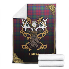 Lindsay Ancient Tartan Crest Premium Blanket - Celtic Stag style