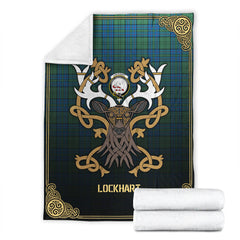 Lockhart Tartan Crest Premium Blanket - Celtic Stag style