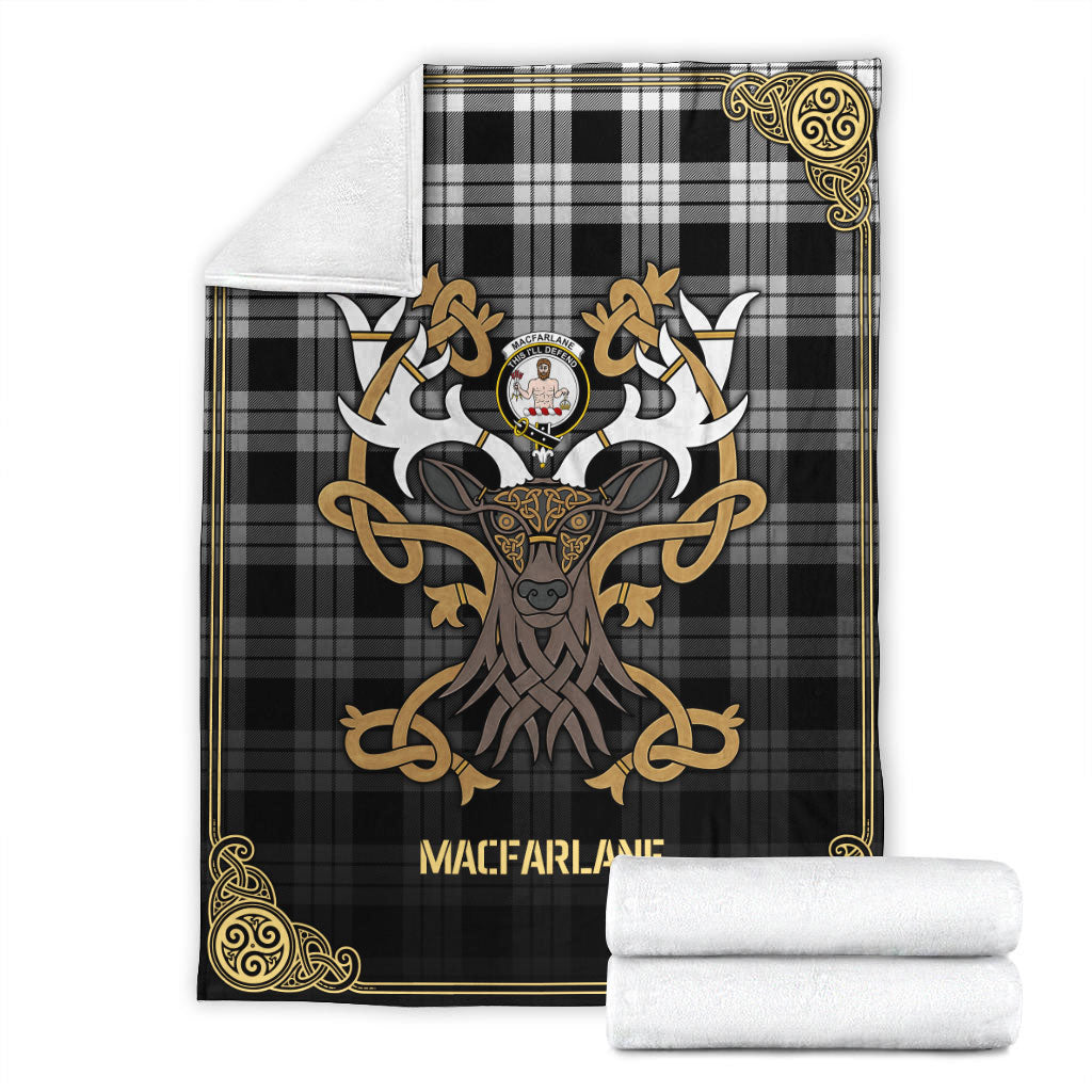 MacFarlane Black _ White Tartan Crest Premium Blanket - Celtic Stag style