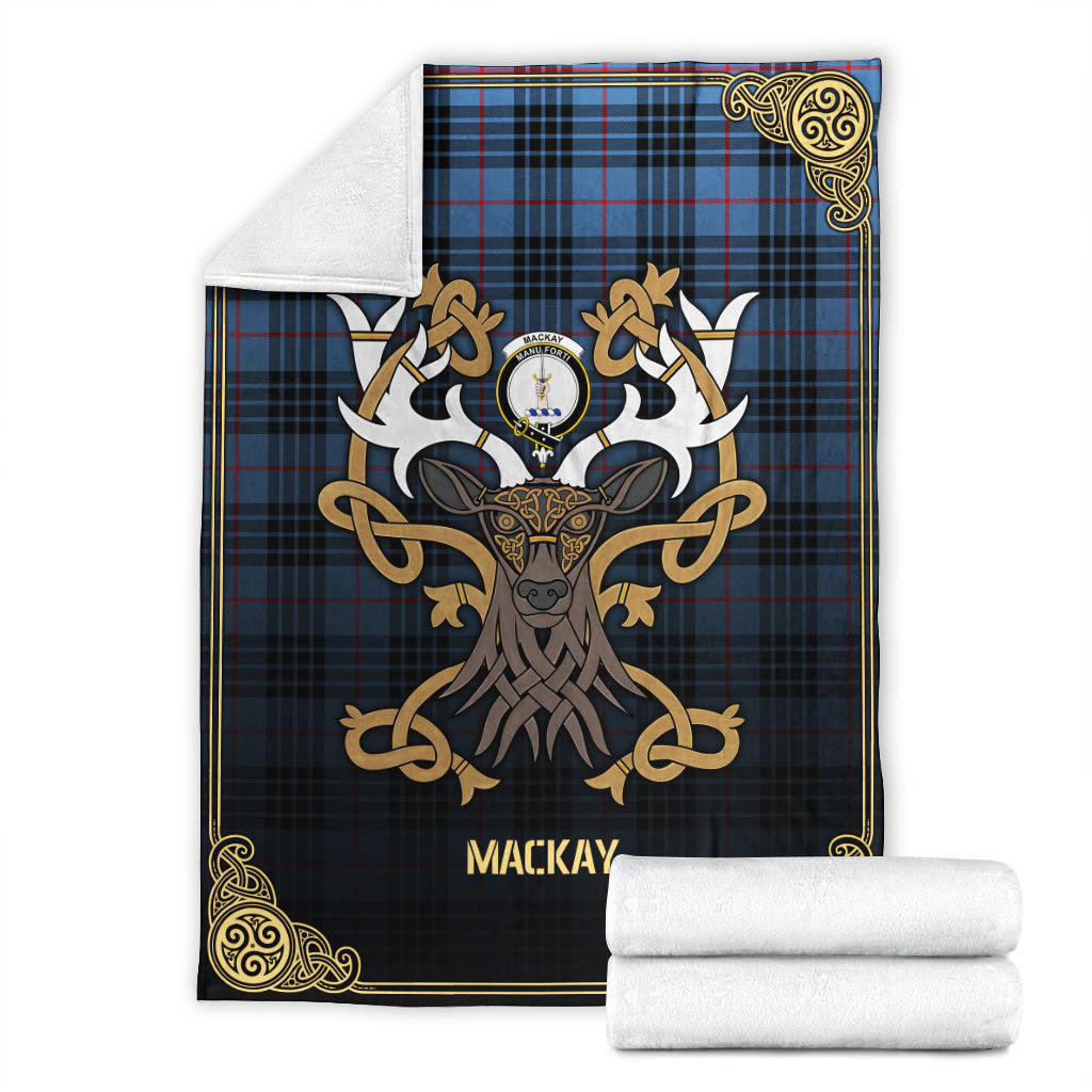 MacKay Blue Tartan Crest Premium Blanket - Celtic Stag style