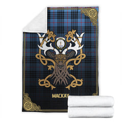 MacKay Blue Tartan Crest Premium Blanket - Celtic Stag style