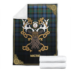 MacRae Hunting Ancient Tartan Crest Premium Blanket - Celtic Stag style