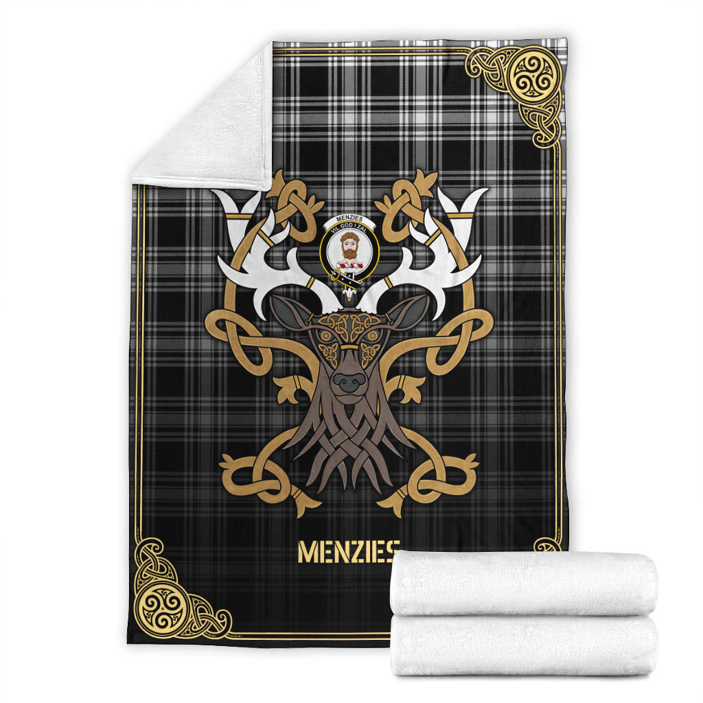 Menzies Black _ White Modern Tartan Crest Premium Blanket - Celtic Stag style