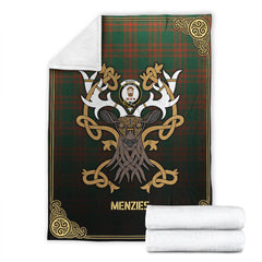 Menzies Green Ancient Tartan Crest Premium Blanket - Celtic Stag style